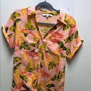 Women's Tropical Leaf Print Shirt - Pink and Green